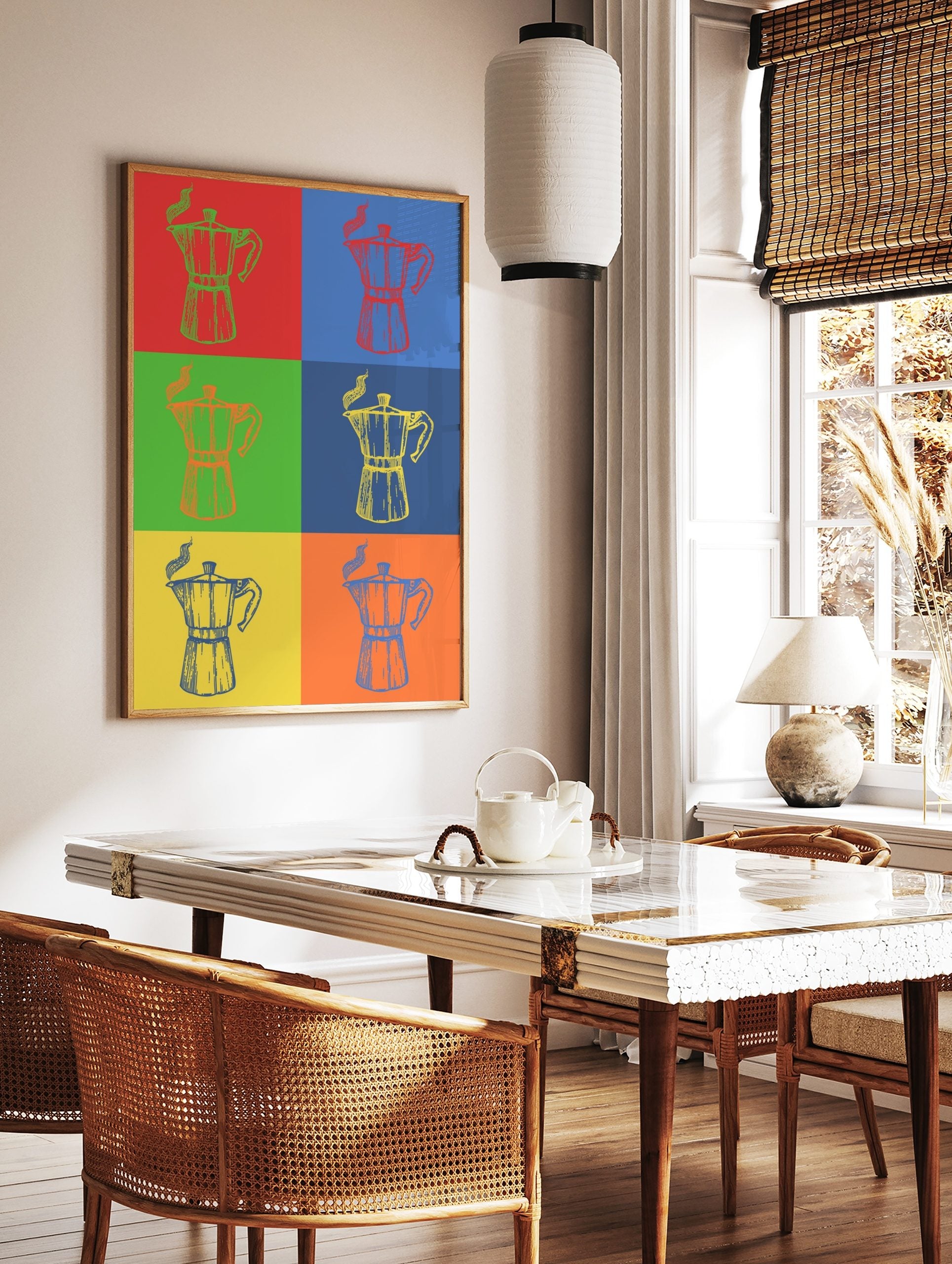 Multi-color pop art style print featuring six Moka pot coffee makers with steam on contrasting backgrounds, displayed as the same artwork in a styled poster mockup for home decor