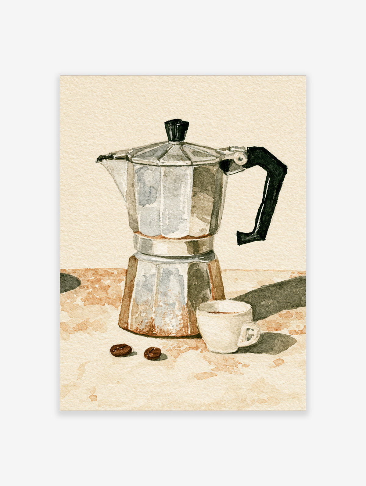 Watercolour moka pot with white espresso cup and two coffee beans on beige background, kitchen coffee poster