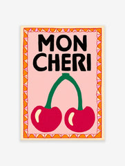 Mon Cheri typography wall art with two red cherries, green stem, pink background, and decorative border
