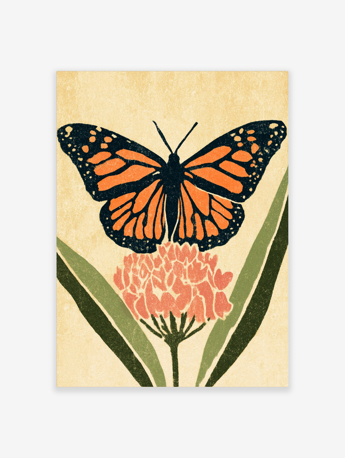Monarch butterfly with orange and black wings above a pink flower and green leaves on a cream background