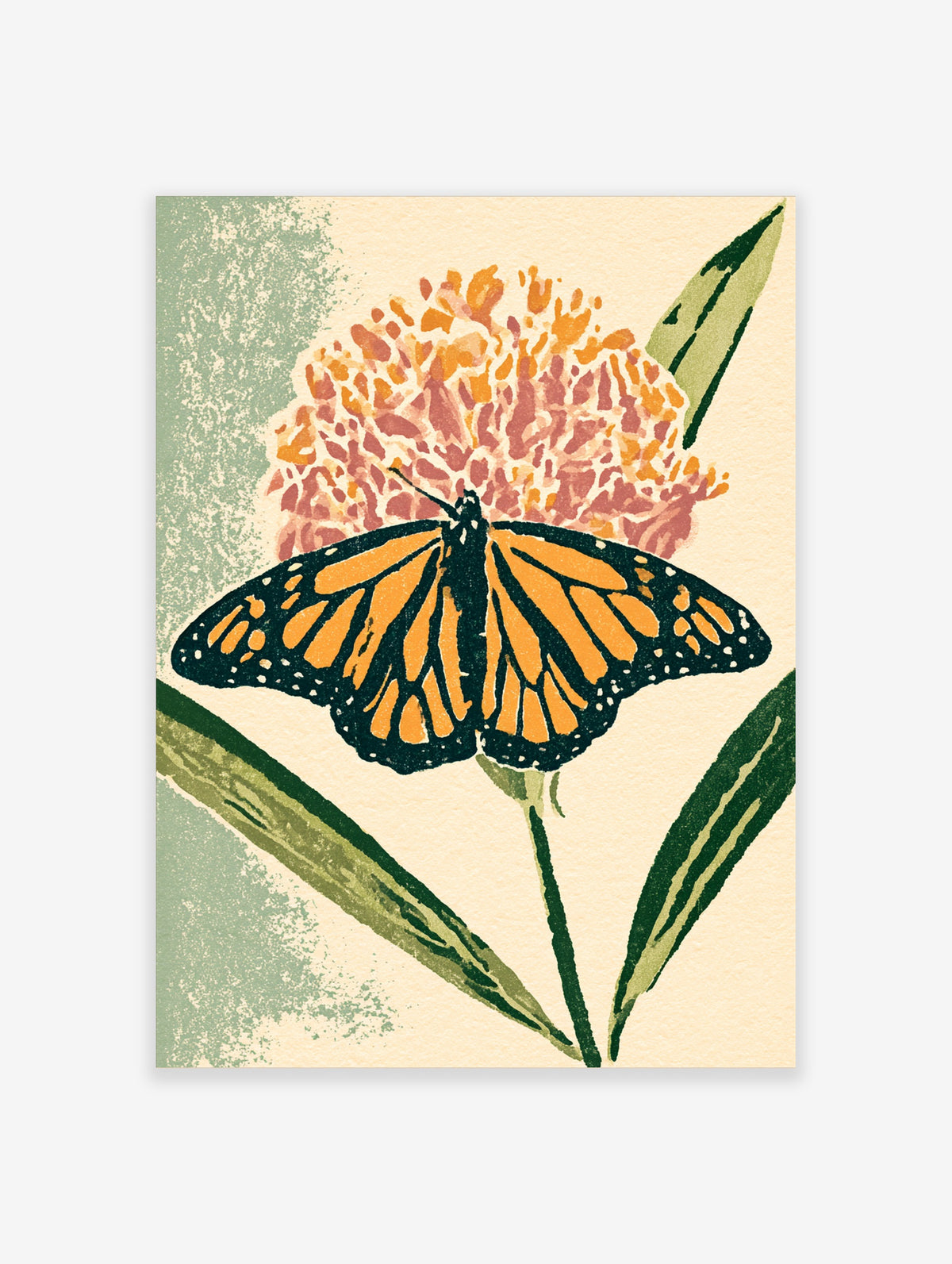 Monarch butterfly with orange and black wings on a pink and orange flower, green leaves, cream background