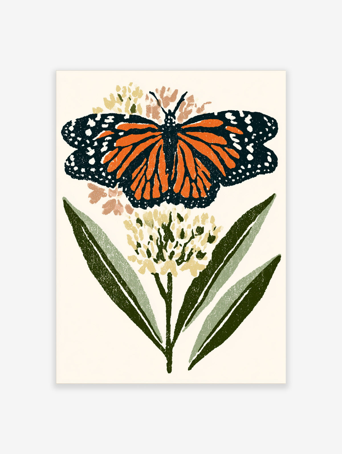 Monarch butterfly with orange and navy wings above a cream flower and green leaves