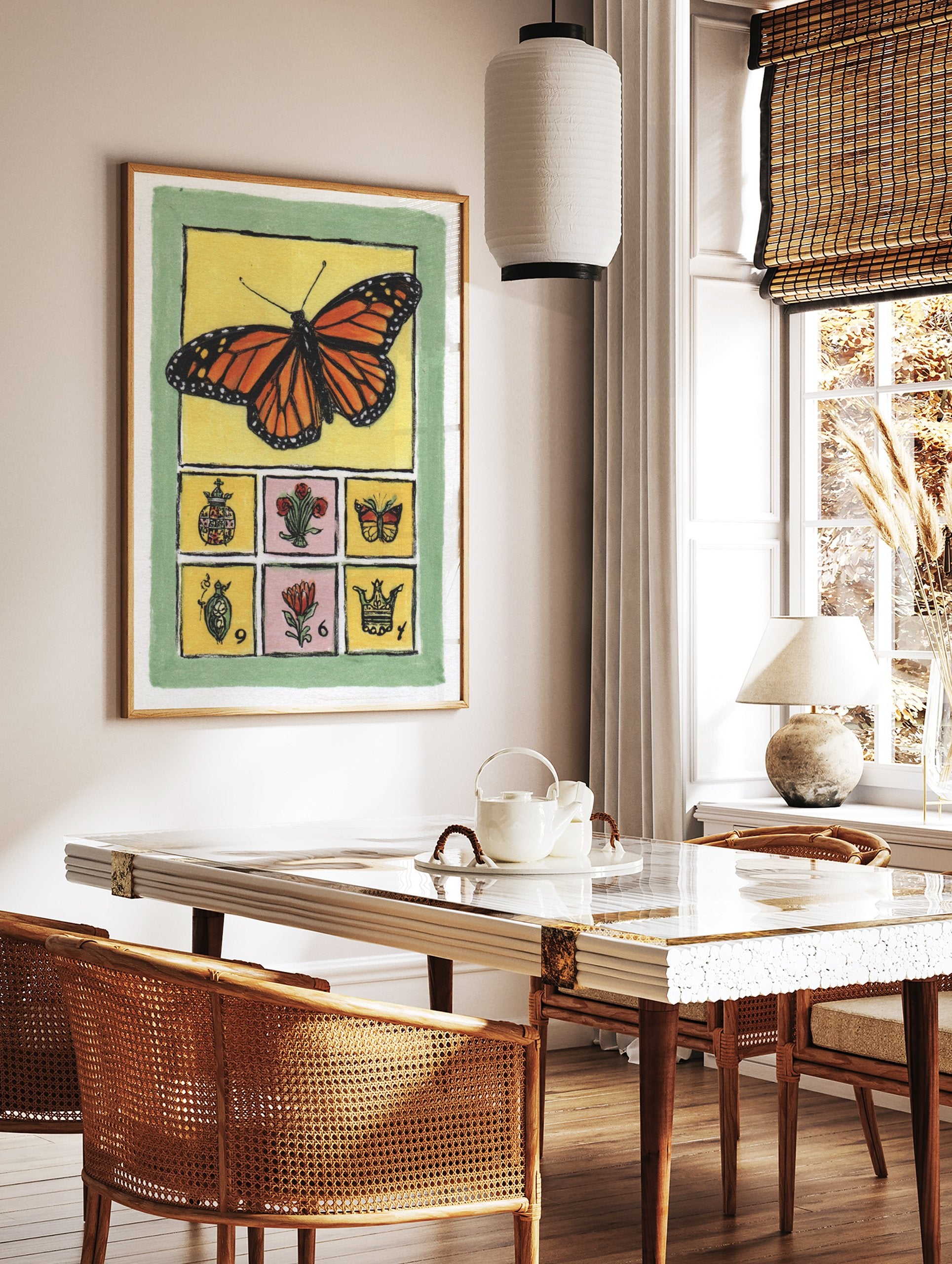 Monarch butterfly illustration with small folk art motifs on a yellow background with a green border. - Image 3