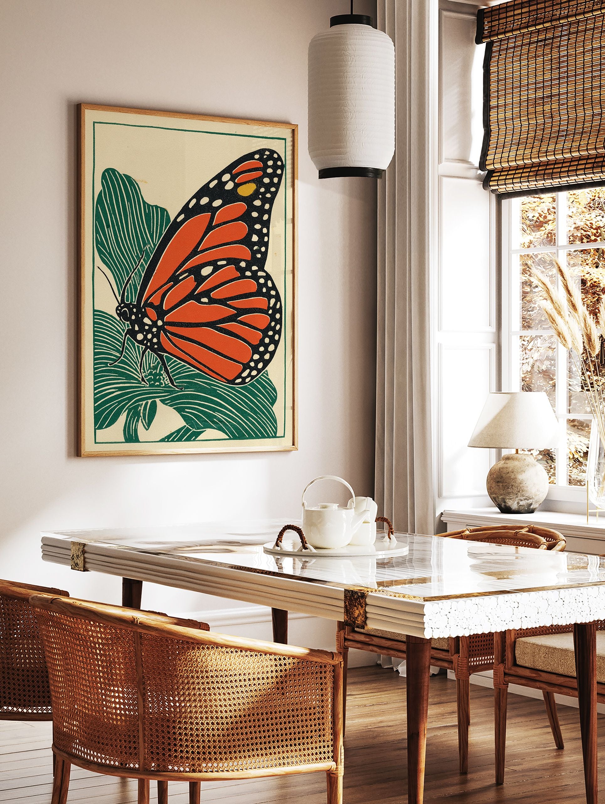 Monarch butterfly wall art print in linocut style with orange wings and green leaves on a cream background. - Image 3