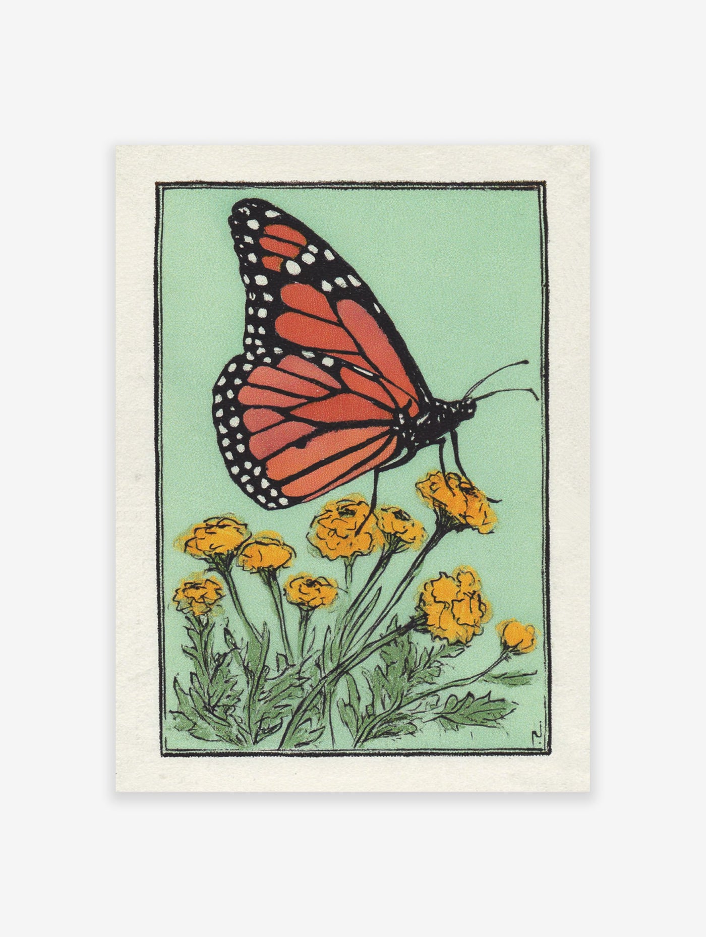 Vibrant monarch butterfly with orange and black wings on yellow flowers, illustrated on a mint green background.