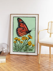 Vibrant monarch butterfly with orange and black wings on yellow flowers, illustrated on a mint green background. - Image 2