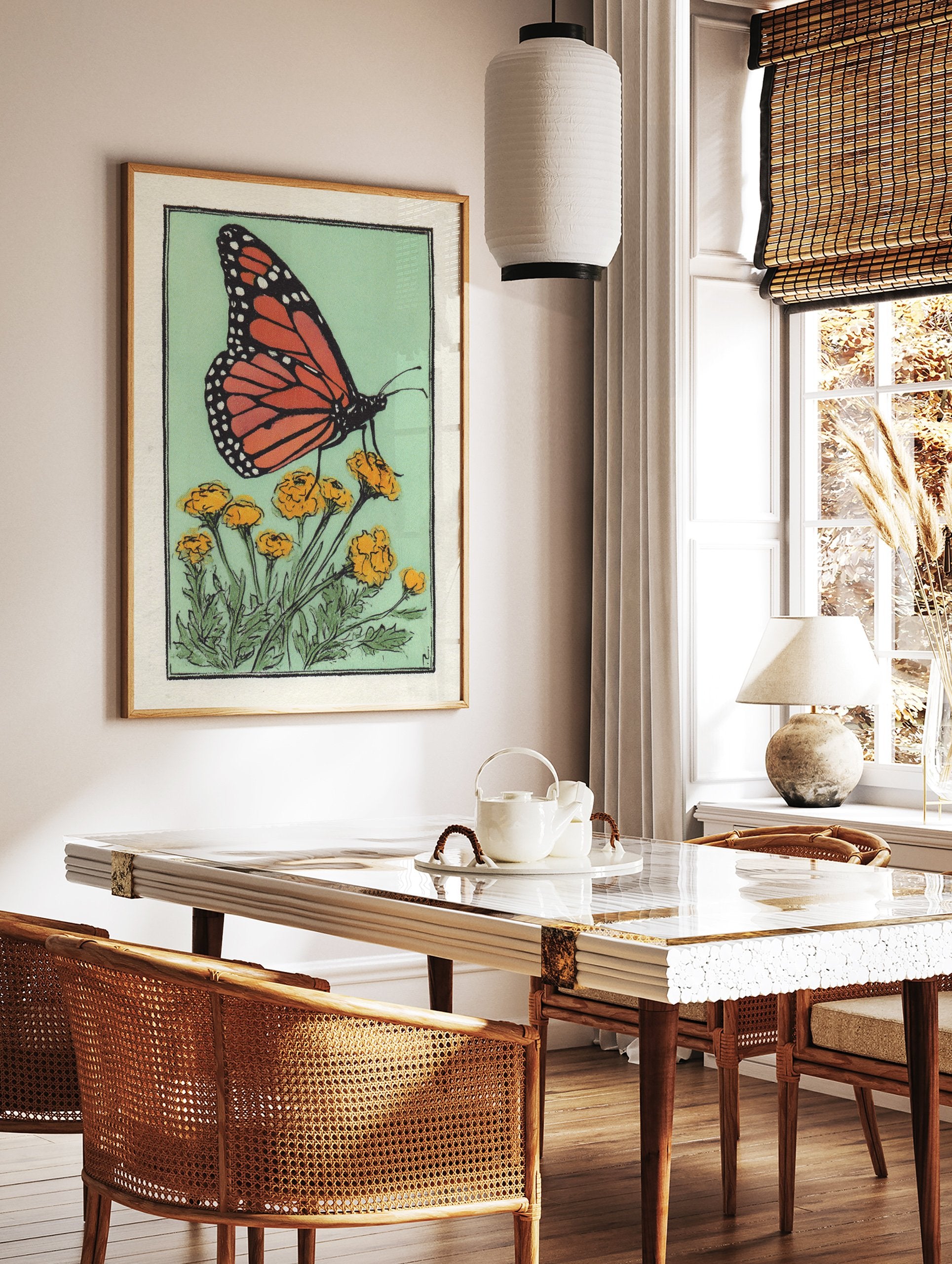 Vibrant monarch butterfly with orange and black wings on yellow flowers, illustrated on a mint green background. - Image 3