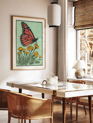 Vibrant monarch butterfly with orange and black wings on yellow flowers, illustrated on a mint green background. - Image 3