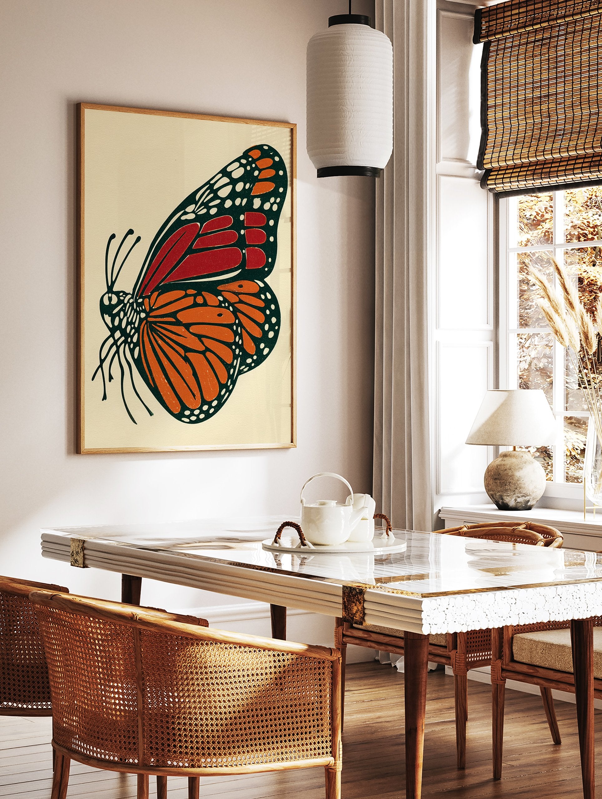 Illustrated Monarch butterfly wall art print featuring orange and red wings with black and white details on a cream background. - Image 3
