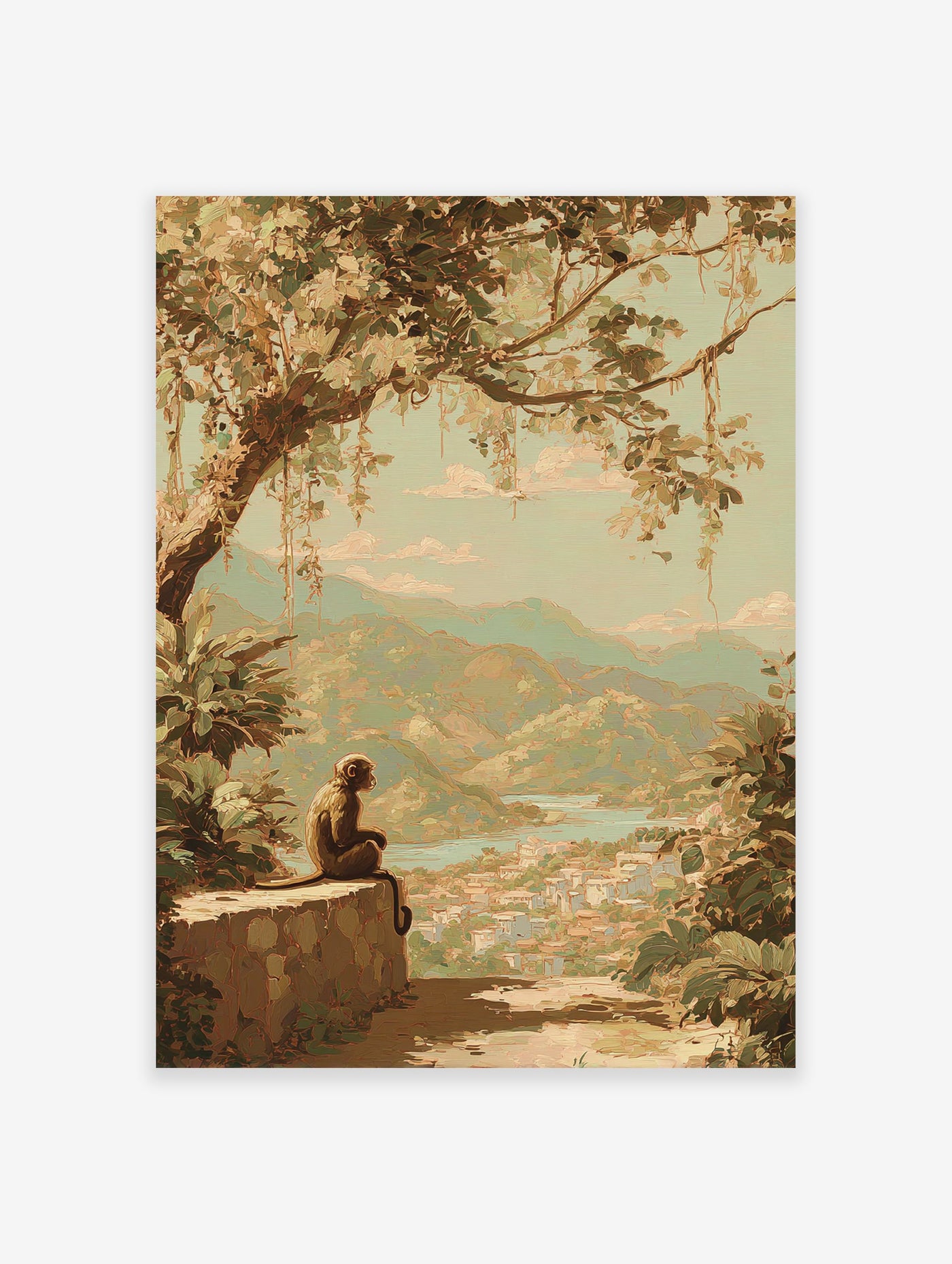Painterly monkey art print overlooking a mountainous landscape with a river and village below, surrounded by lush trees.