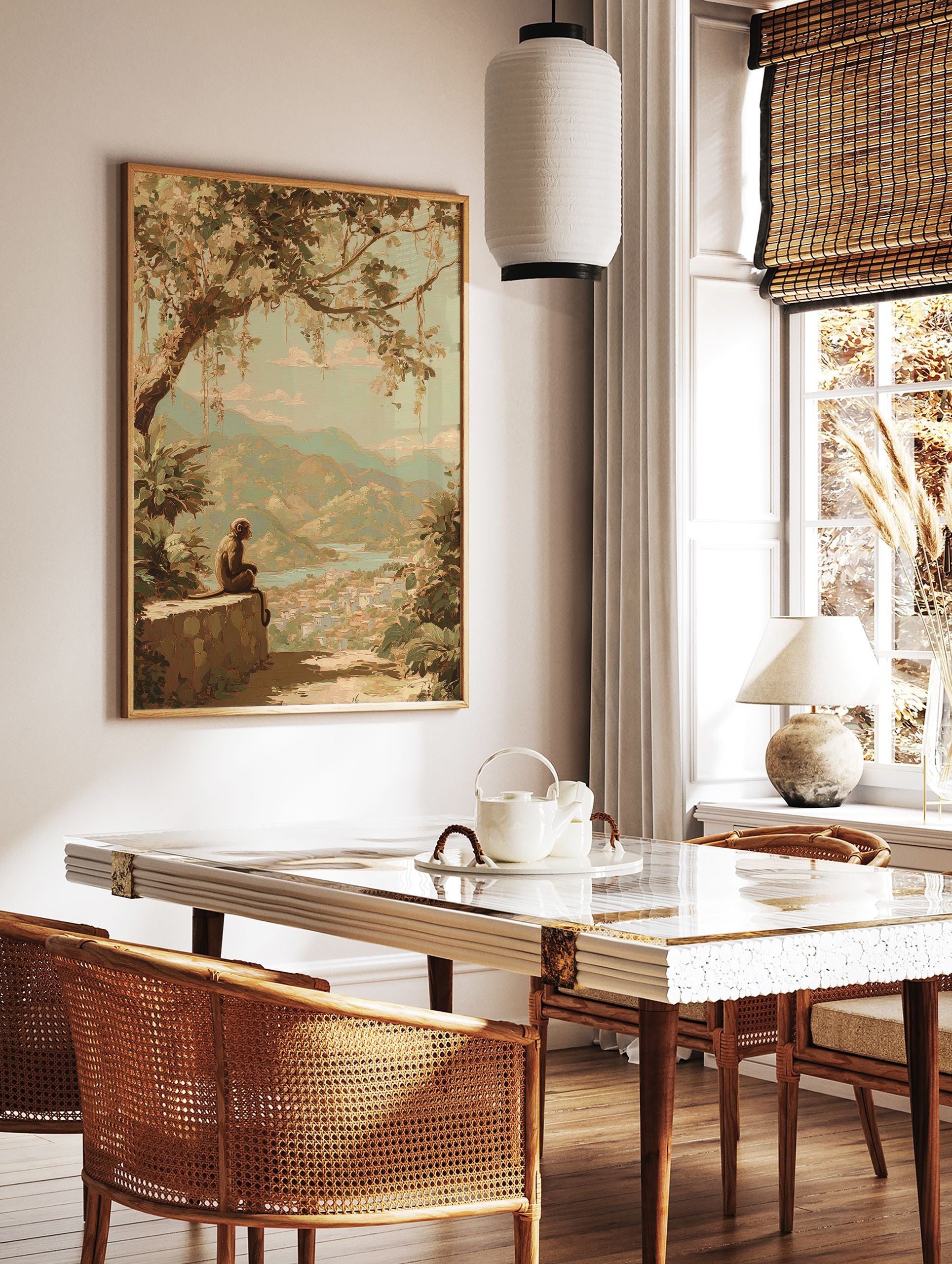 Painterly monkey art print overlooking a mountainous landscape with a river and village below, surrounded by lush trees. - Image 2