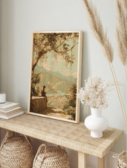 Painterly monkey art print overlooking a mountainous landscape with a river and village below, surrounded by lush trees. - Image 3
