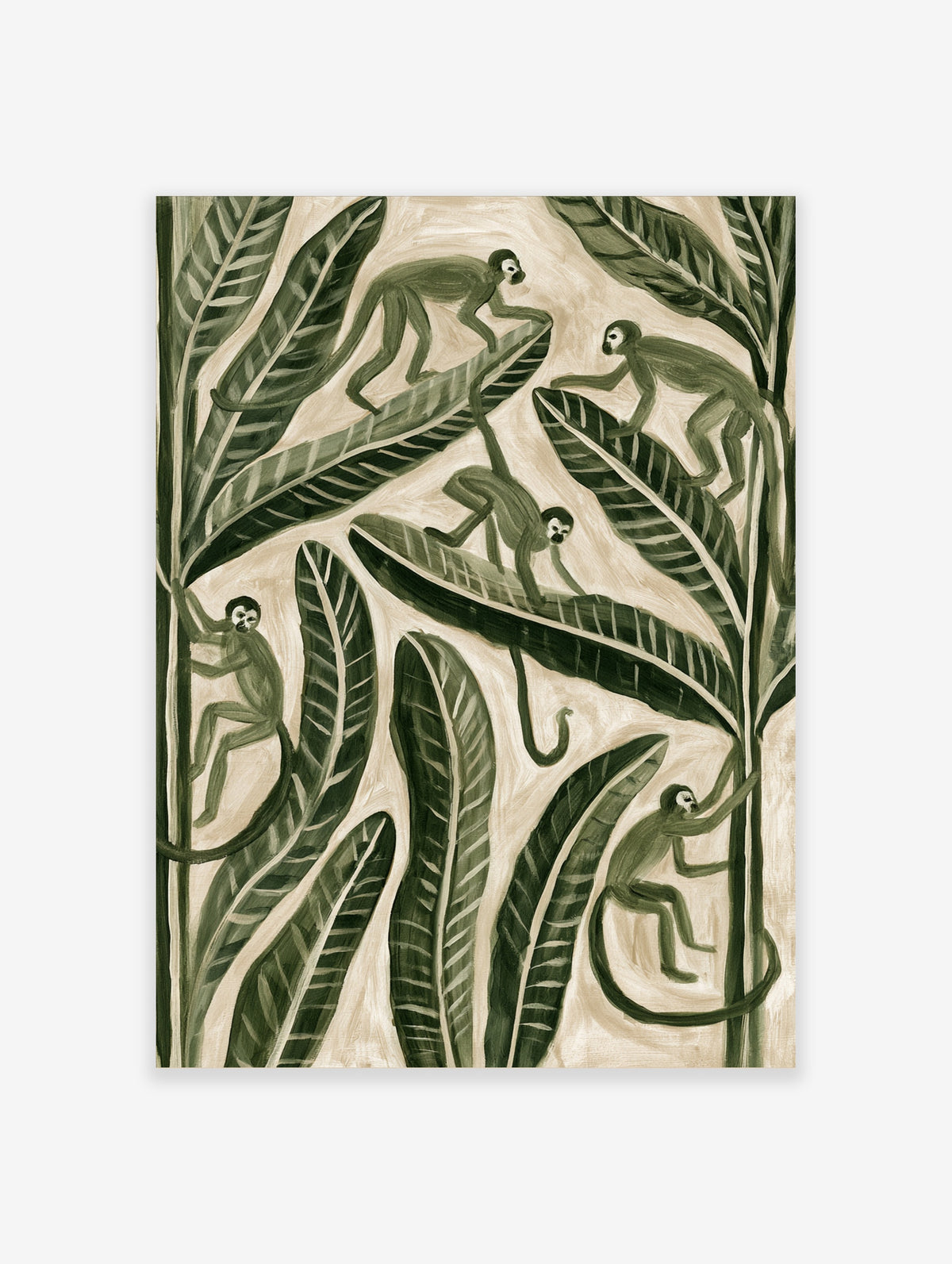 Green monkeys climbing among large tropical leaves in a jungle art print on beige background