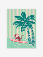 Illustrative print of a surfing monkey on a pink surfboard with teal palm trees and a striped pink and green background.