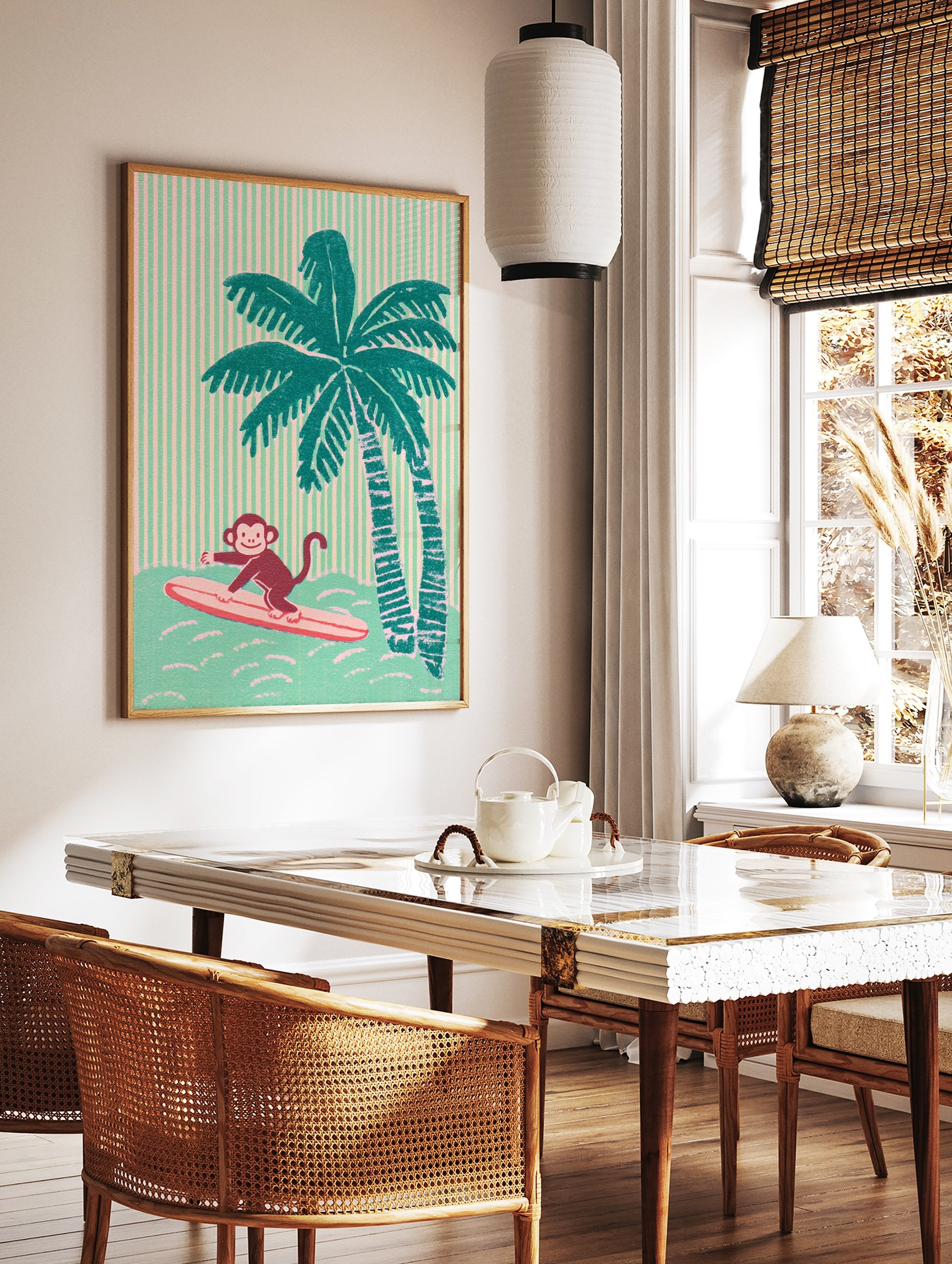 Illustrative print of a surfing monkey on a pink surfboard with teal palm trees and a striped pink and green background. - Image 2