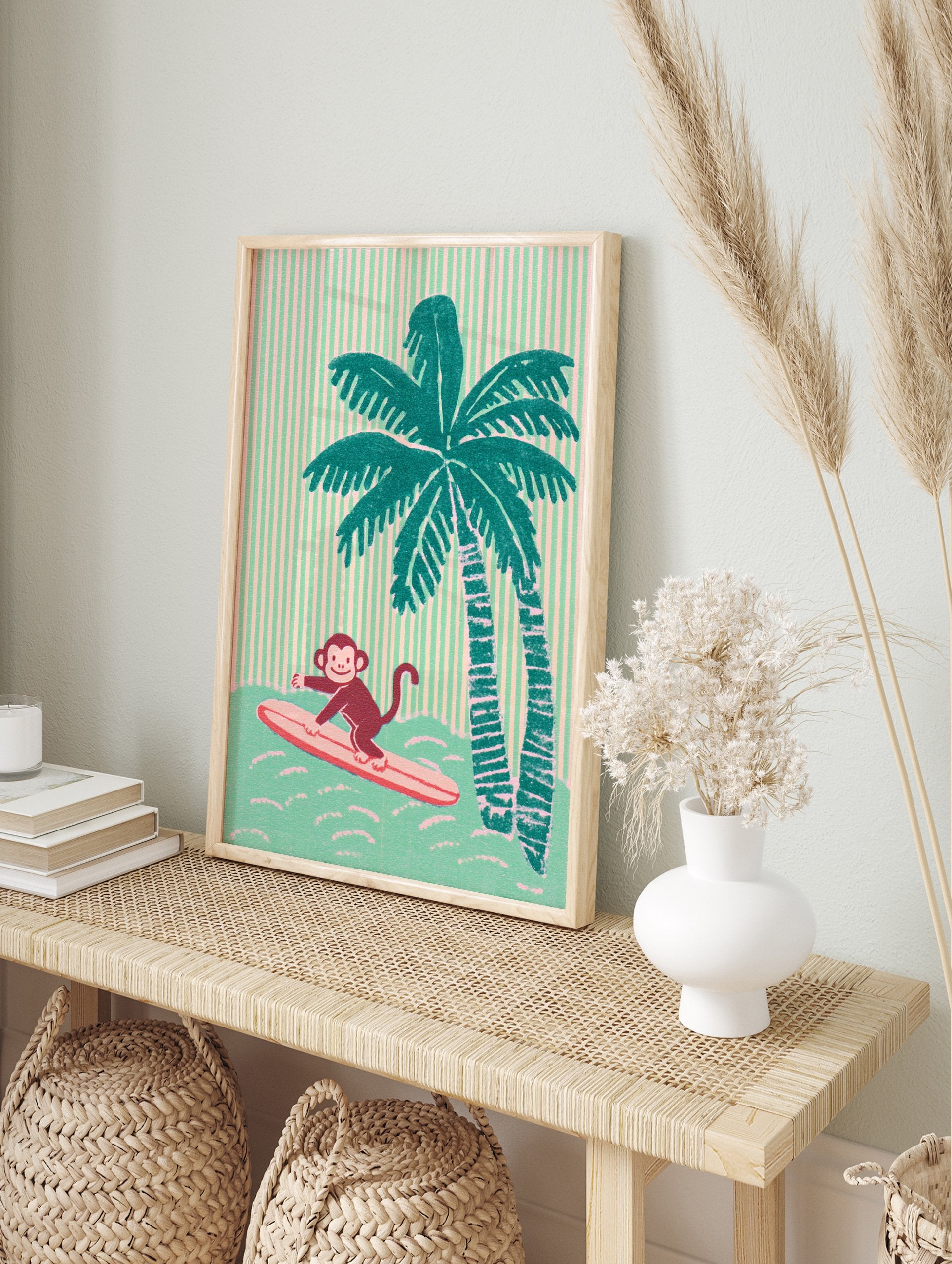 Illustrative print of a surfing monkey on a pink surfboard with teal palm trees and a striped pink and green background. - Image 3