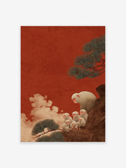 Monkey Wall Art print depicting a family of white Japanese macaques on a brown rock with pine trees against a red sky.