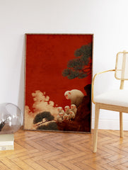 Monkey Wall Art print depicting a family of white Japanese macaques on a brown rock with pine trees against a red sky. - Image 2