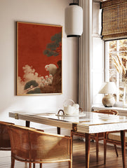 Monkey Wall Art print depicting a family of white Japanese macaques on a brown rock with pine trees against a red sky. - Image 3