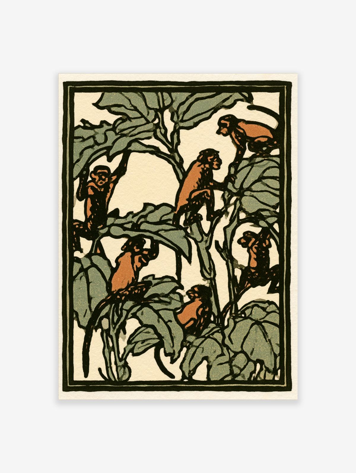 Monkey wall art print with five orange and black monkeys climbing green leaves on a cream background