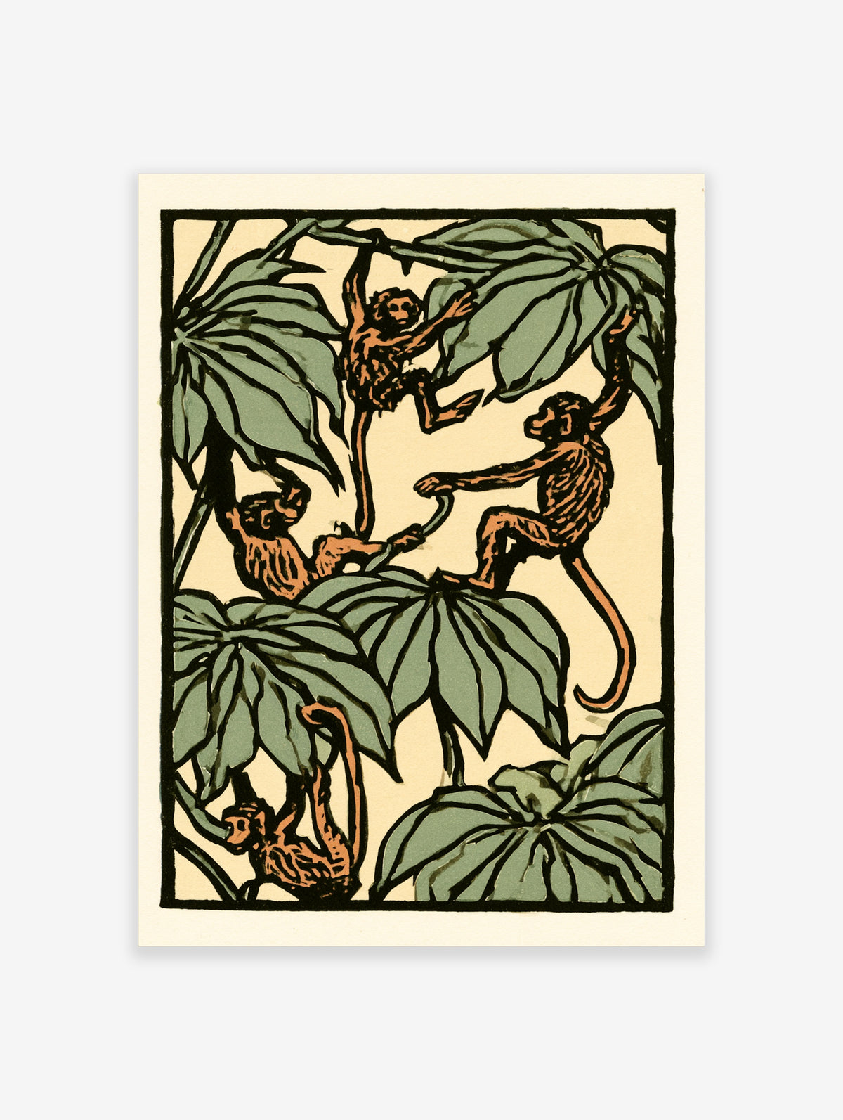 Monkey art print with three brown monkeys climbing among large green leaves on a cream background