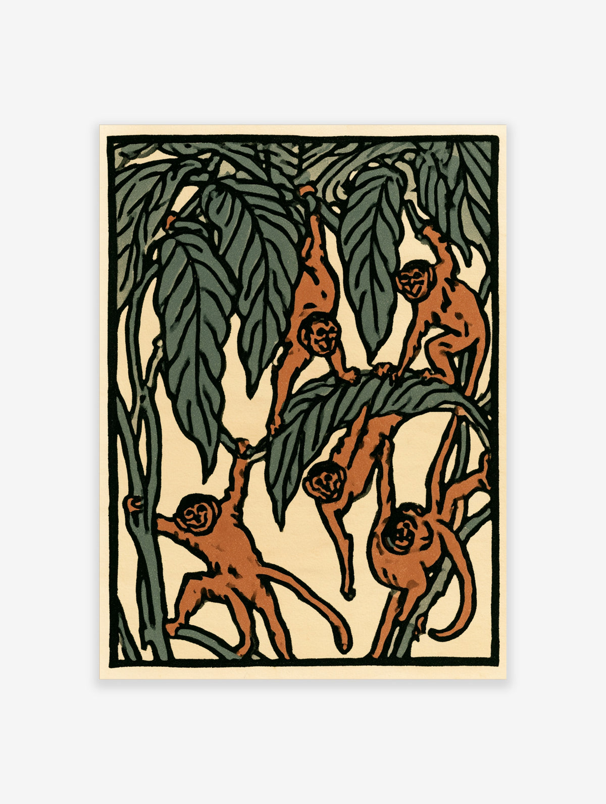 Woodcut-style monkey art print with five brown primates climbing green leaves