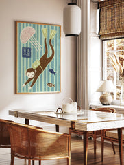 Whimsical monkey wall art showing a scuba diver monkey with flippers, a jellyfish, and fish in striped blue and green water. - Image 2