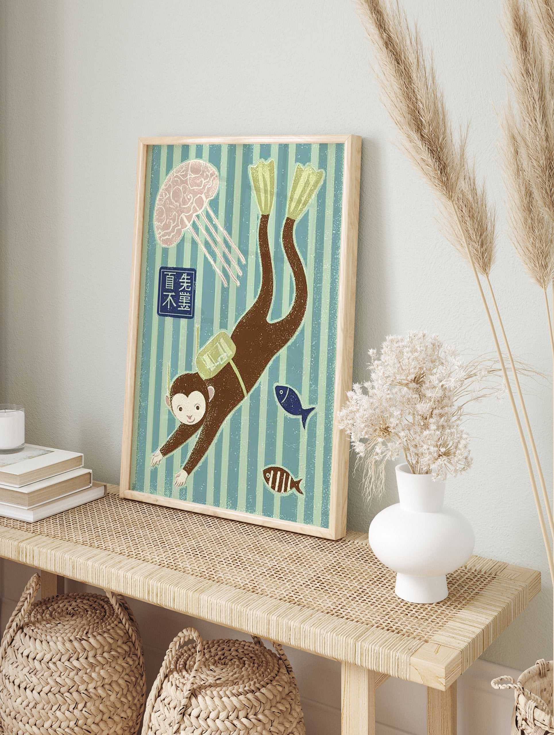 Whimsical monkey wall art showing a scuba diver monkey with flippers, a jellyfish, and fish in striped blue and green water. - Image 3