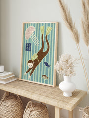 Whimsical monkey wall art showing a scuba diver monkey with flippers, a jellyfish, and fish in striped blue and green water. - Image 3