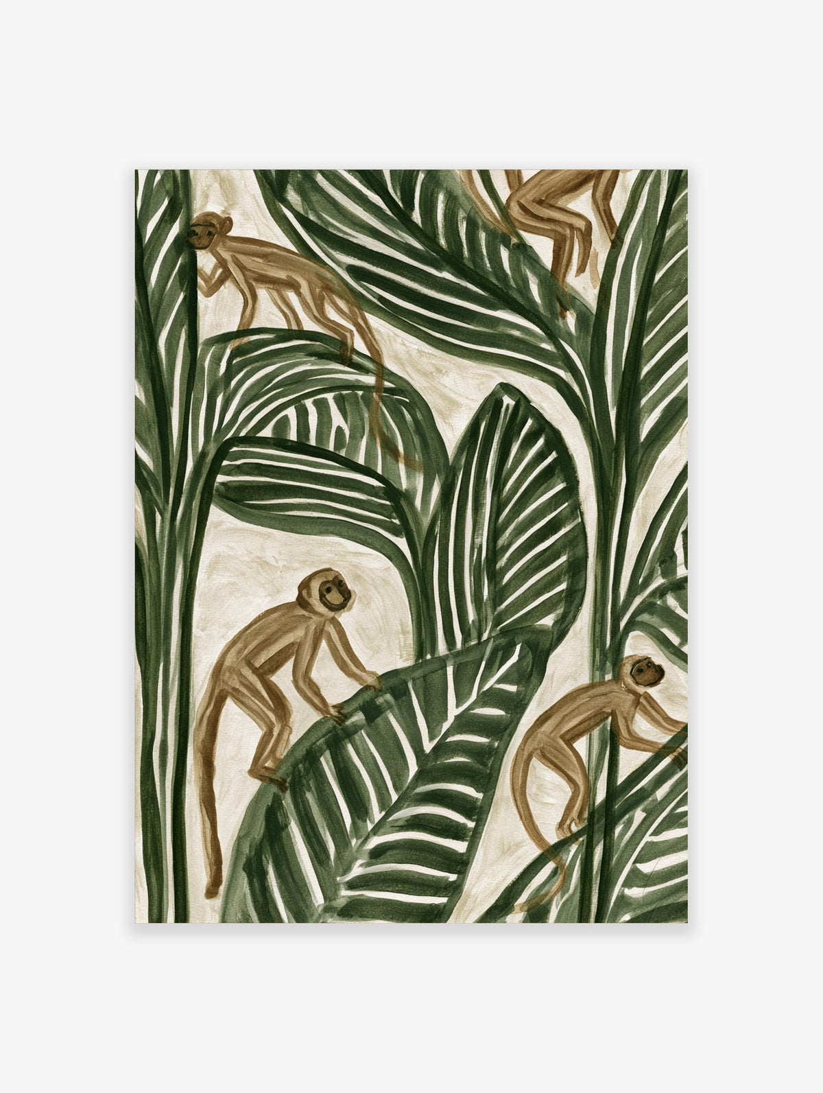 Monkey wall art print with three brown monkeys climbing striped green tropical leaves on cream background