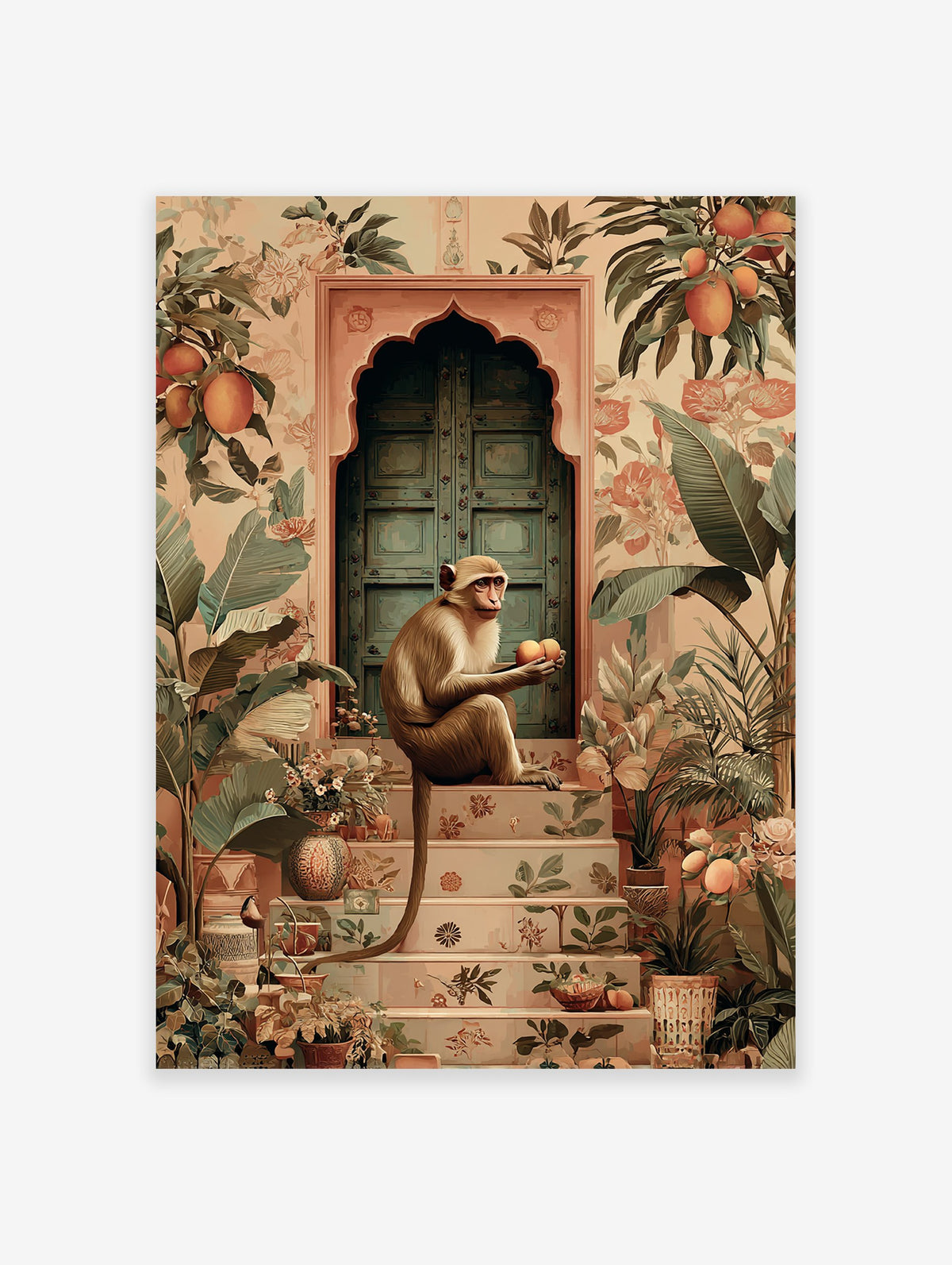 Poster of a monkey holding oranges, sitting on patterned steps in front of a teal door, surrounded by tropical plants.