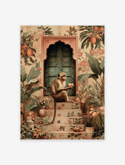 Poster of a monkey holding oranges, sitting on patterned steps in front of a teal door, surrounded by tropical plants.