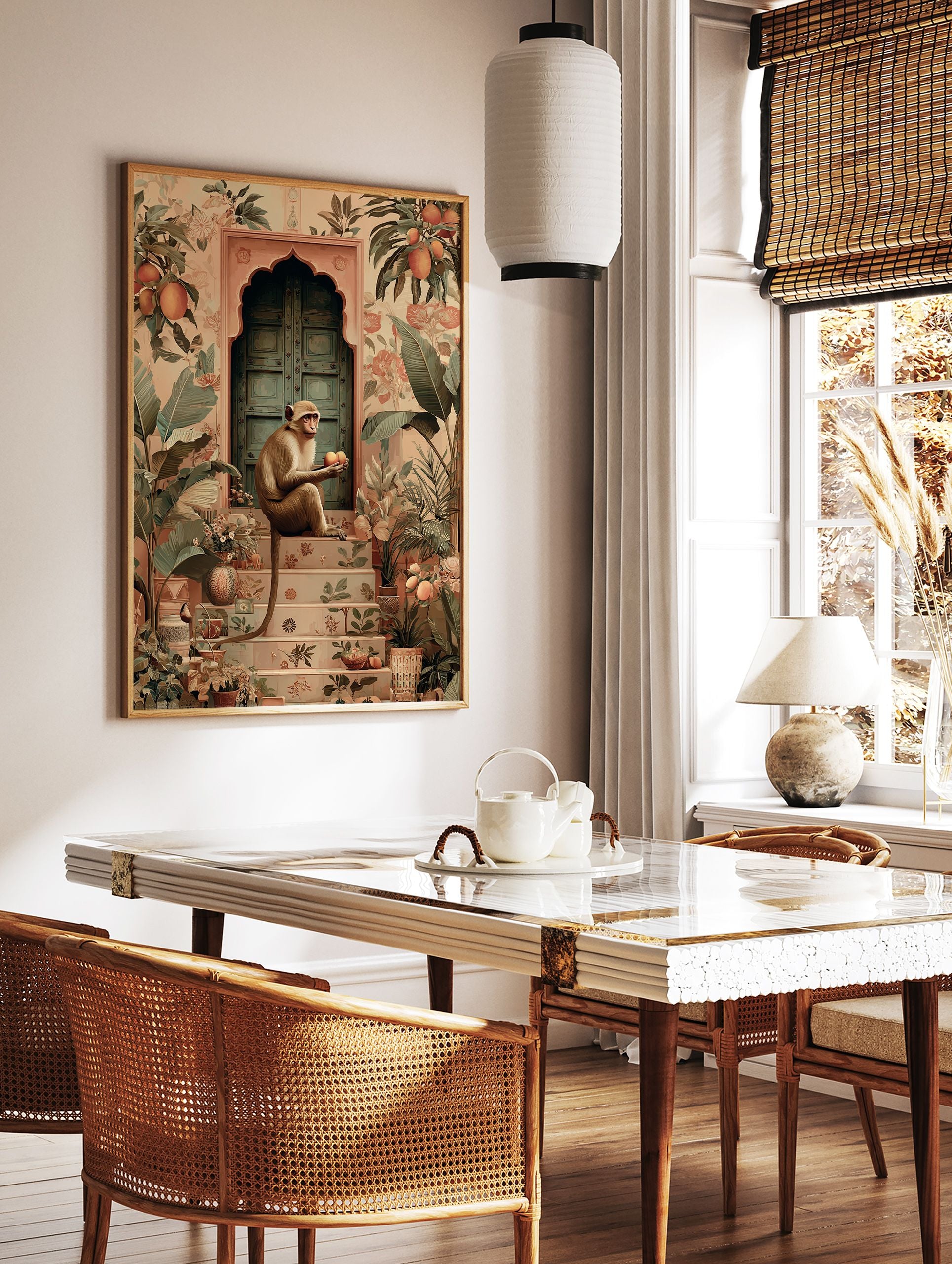 Poster of a monkey holding oranges, sitting on patterned steps in front of a teal door, surrounded by tropical plants. - Image 2