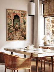 Poster of a monkey holding oranges, sitting on patterned steps in front of a teal door, surrounded by tropical plants. - Image 2
