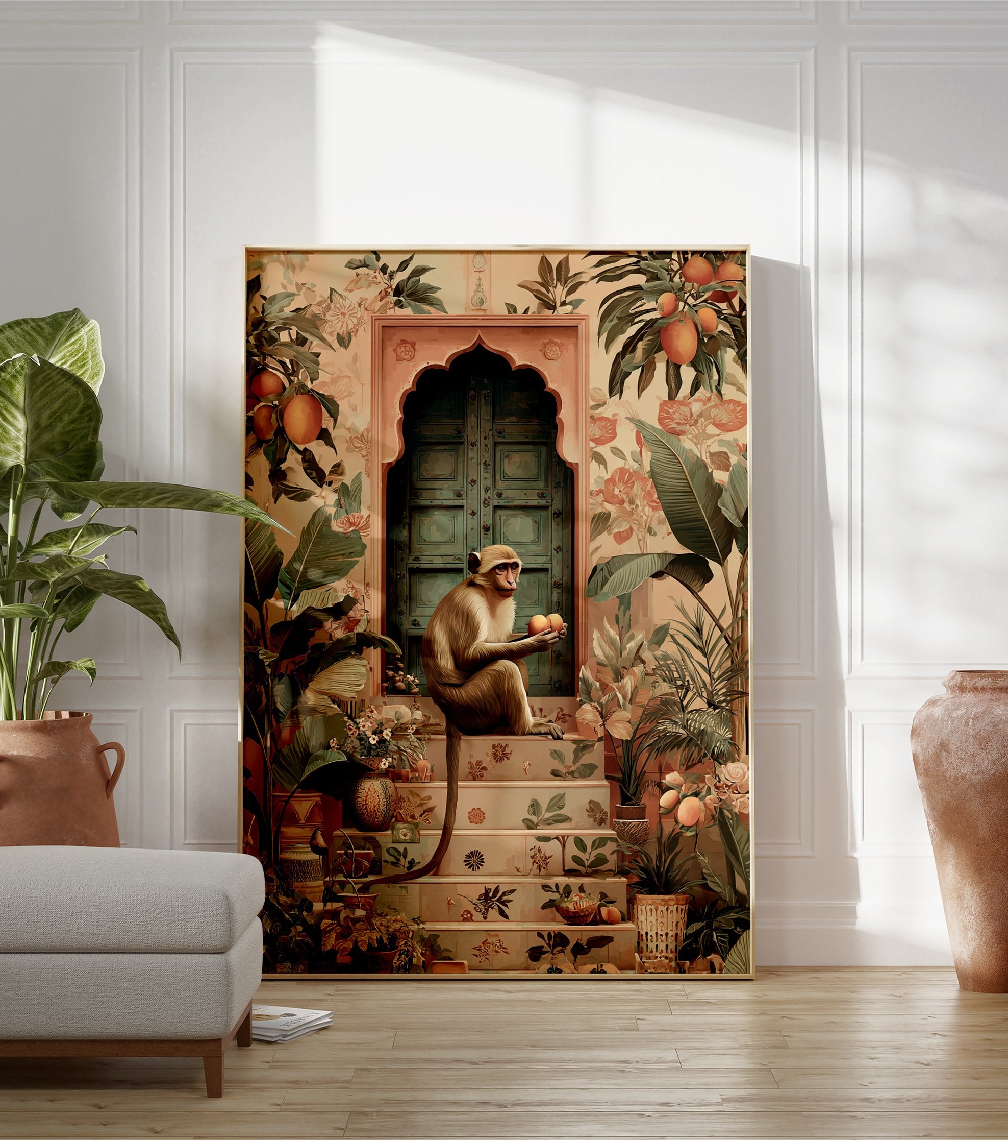 Poster of a monkey holding oranges, sitting on patterned steps in front of a teal door, surrounded by tropical plants. - Image 3