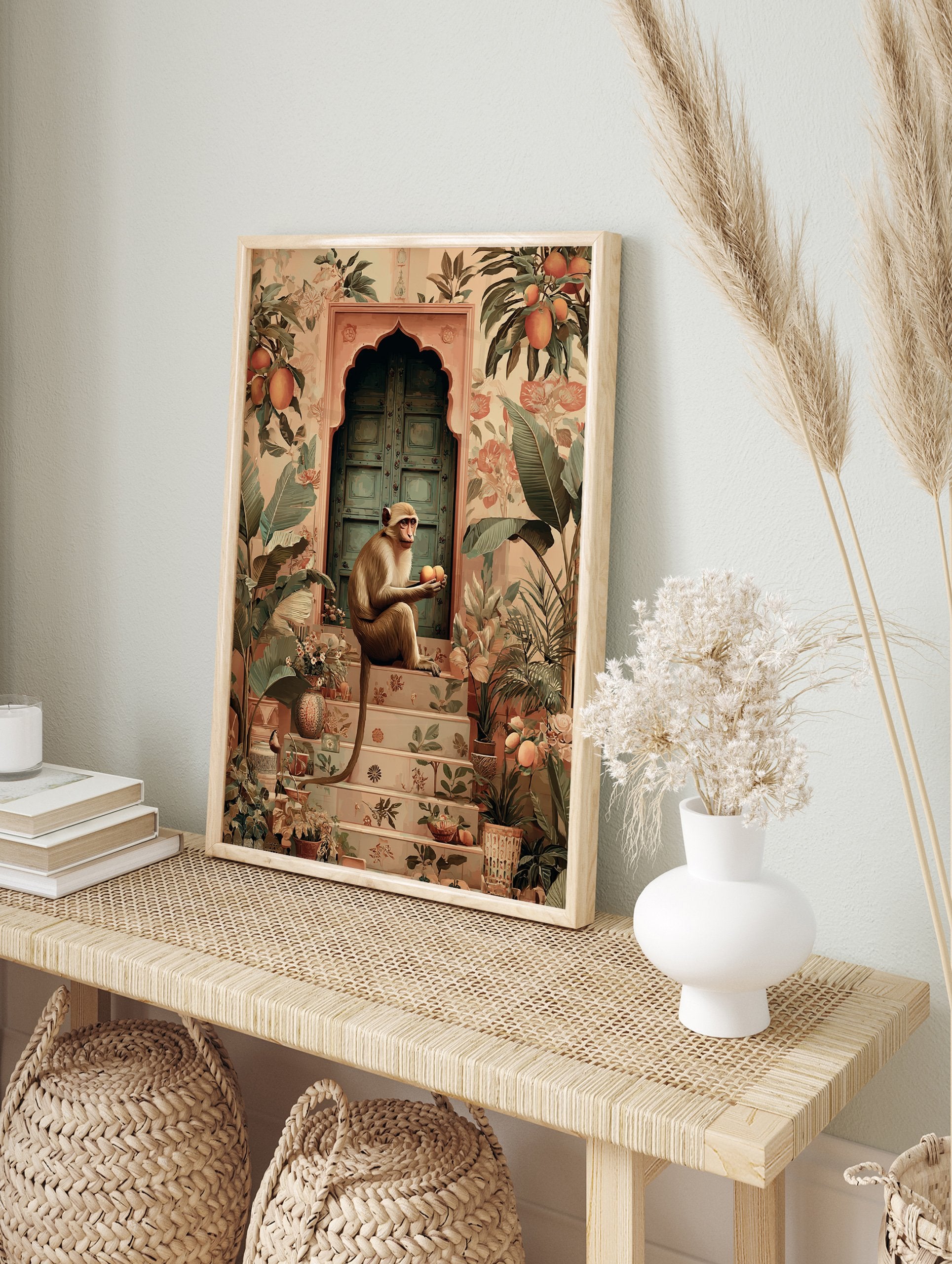 Poster of a monkey holding oranges, sitting on patterned steps in front of a teal door, surrounded by tropical plants. - Image 4
