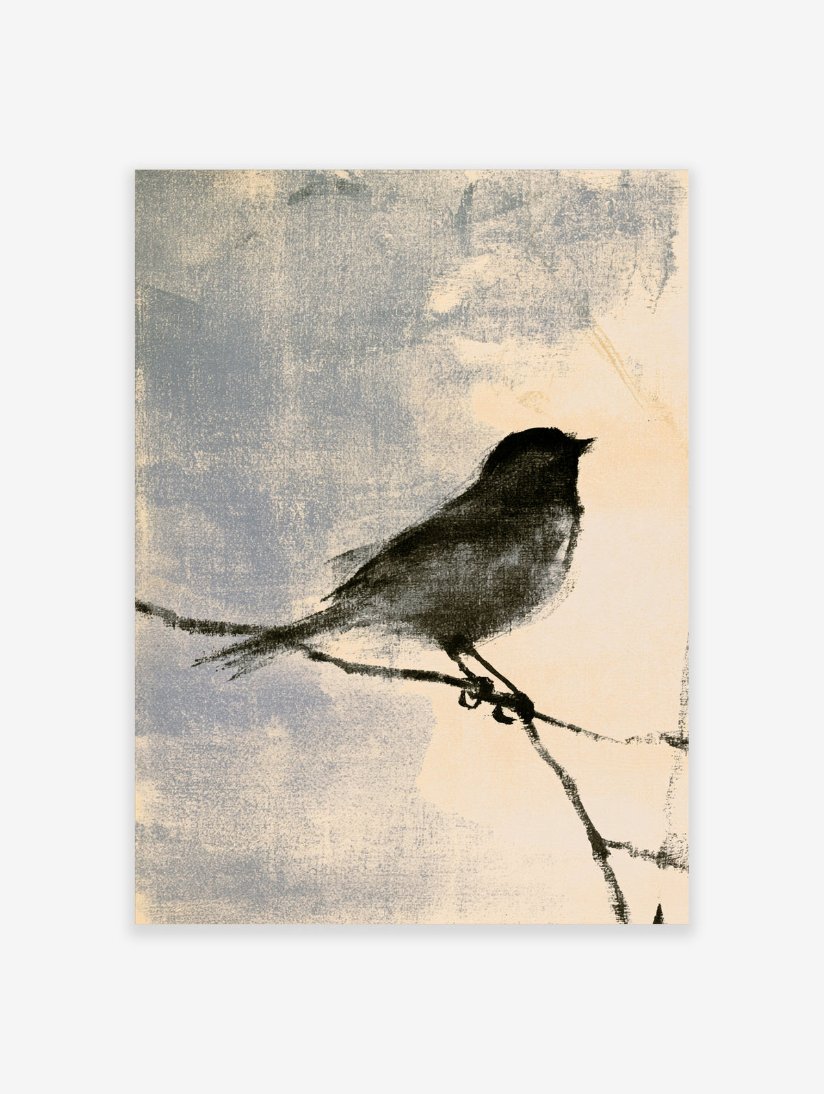 Monochrome bird silhouette perched on a branch against a textured blue and cream background art print