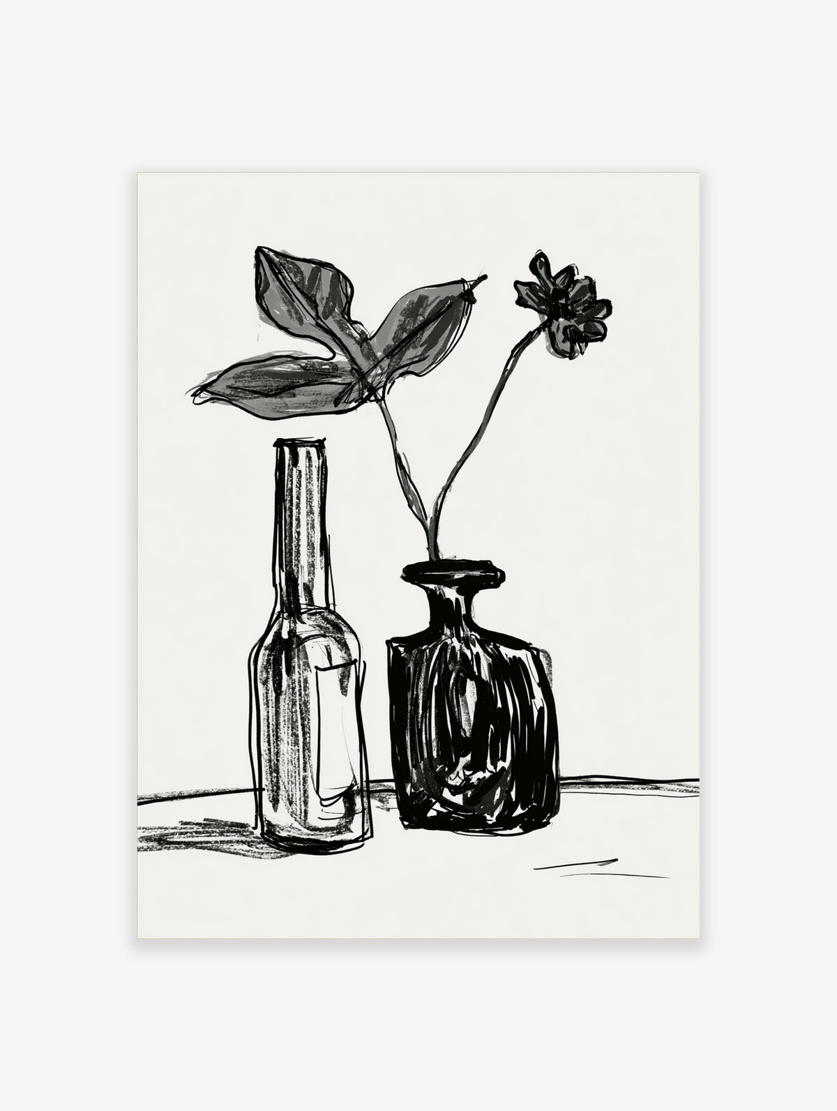 Monochrome line art poster of two bottles with a leafy stem and a single flower on white background