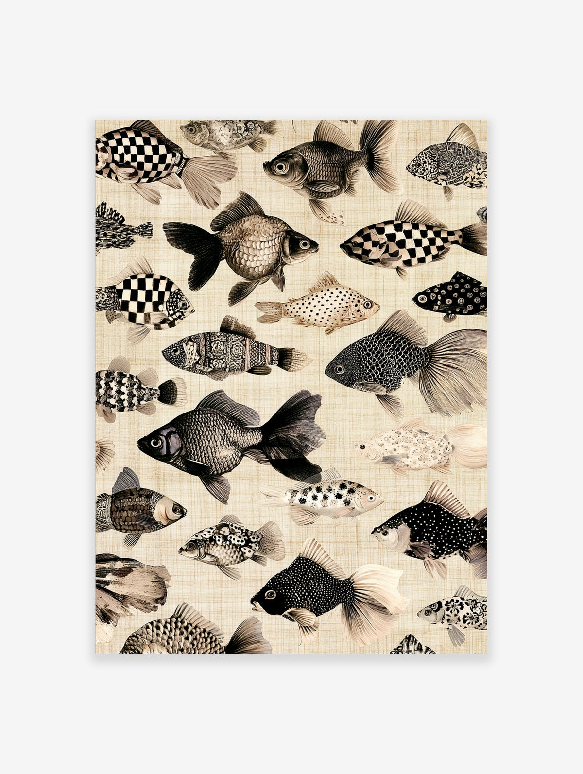 Monochrome fish art print with patterned goldfish and koi on beige textured background