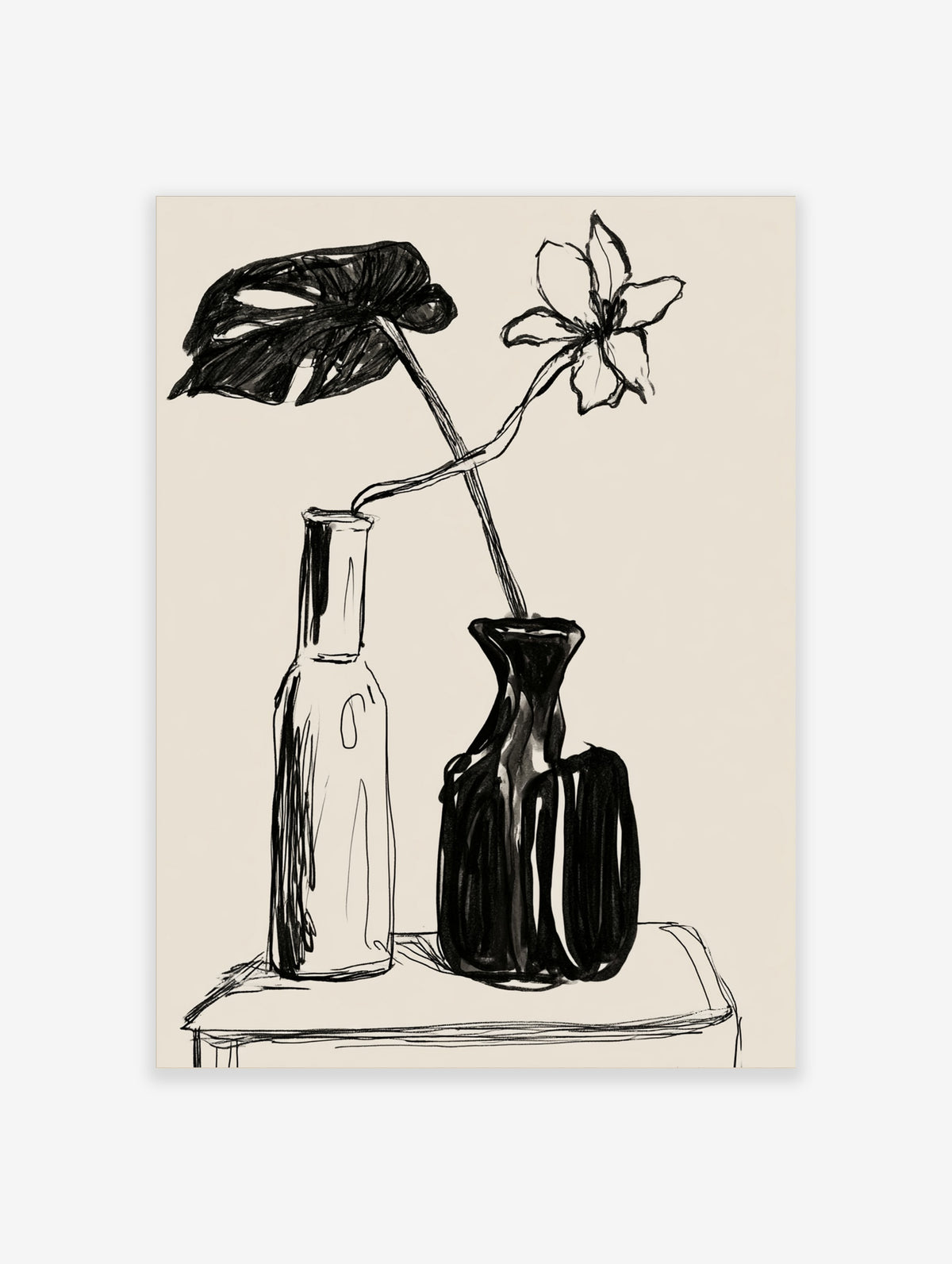 Black ink still life drawing of a lily and monstera leaf in a glass bottle and black vase