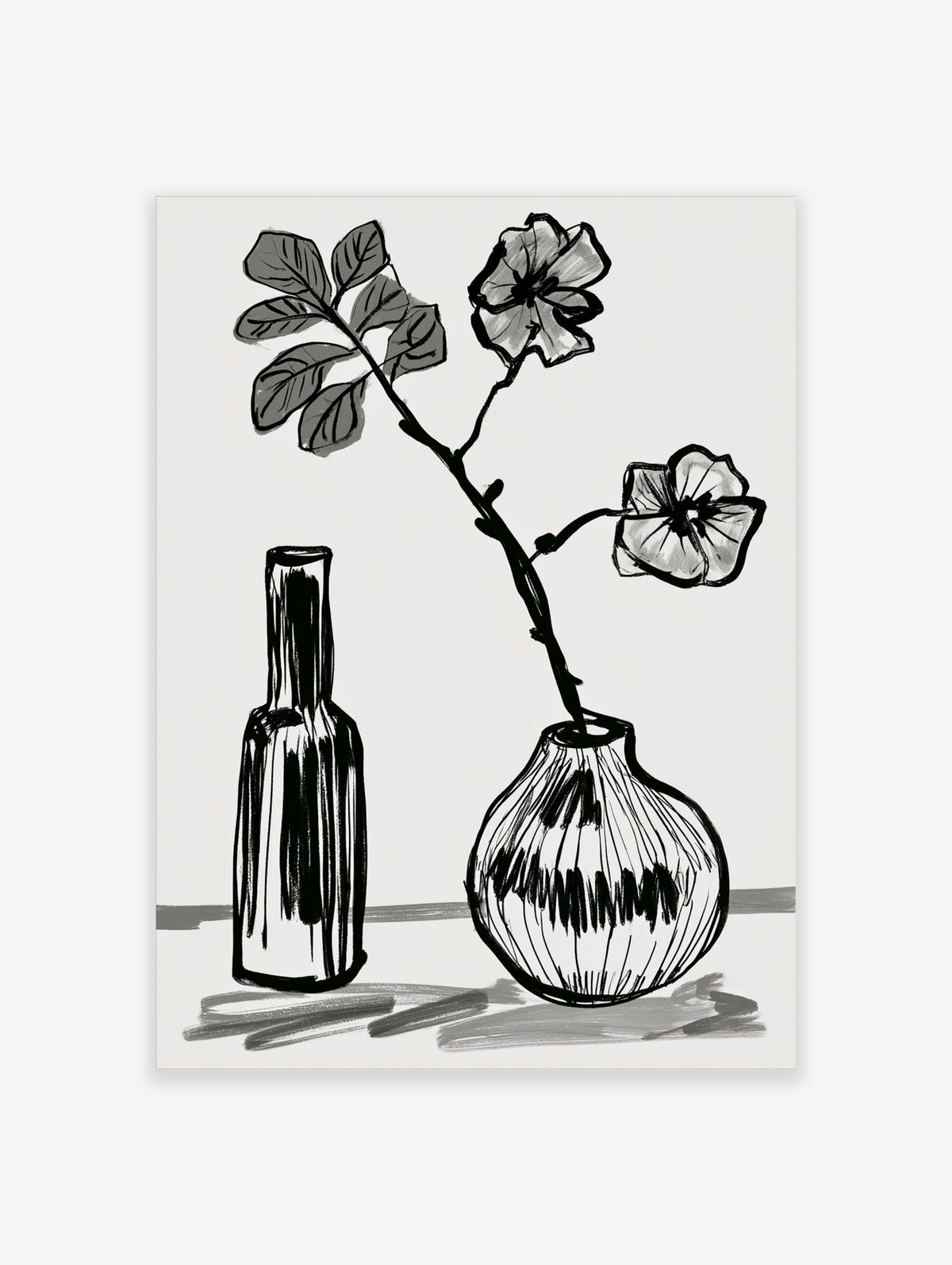Monochrome flower vase wall art print with tall bottle and round vase holding a single stem