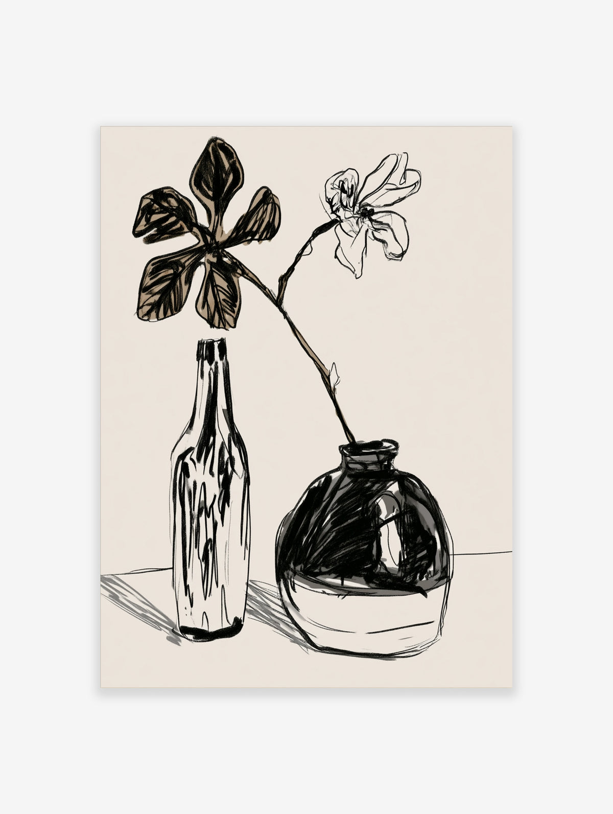 Monochrome flower vase still life print with dark bloom, tall bottle and round vase in ink lines