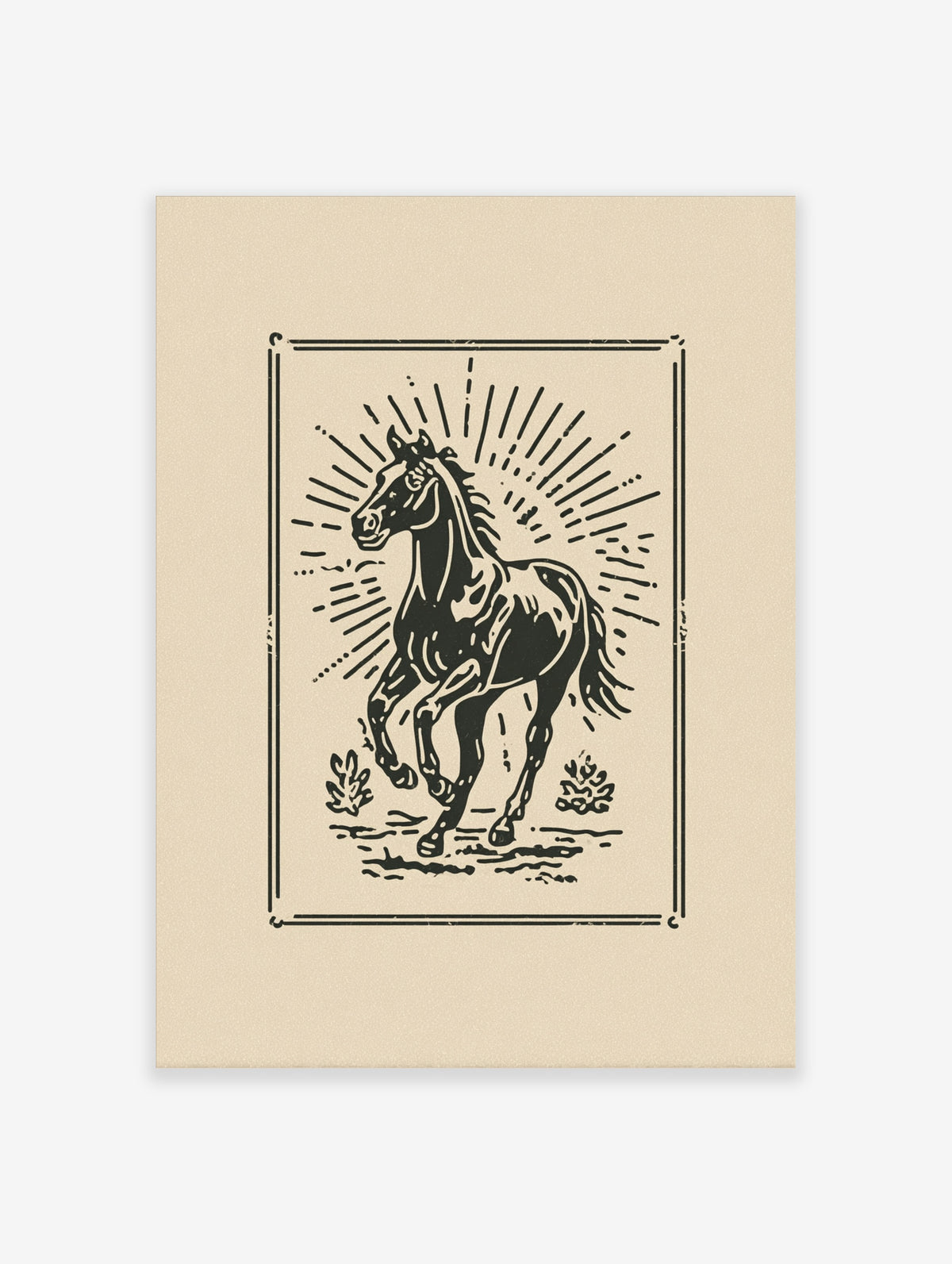 Monochrome horse poster with rearing steed, sunburst lines, and black and beige palette