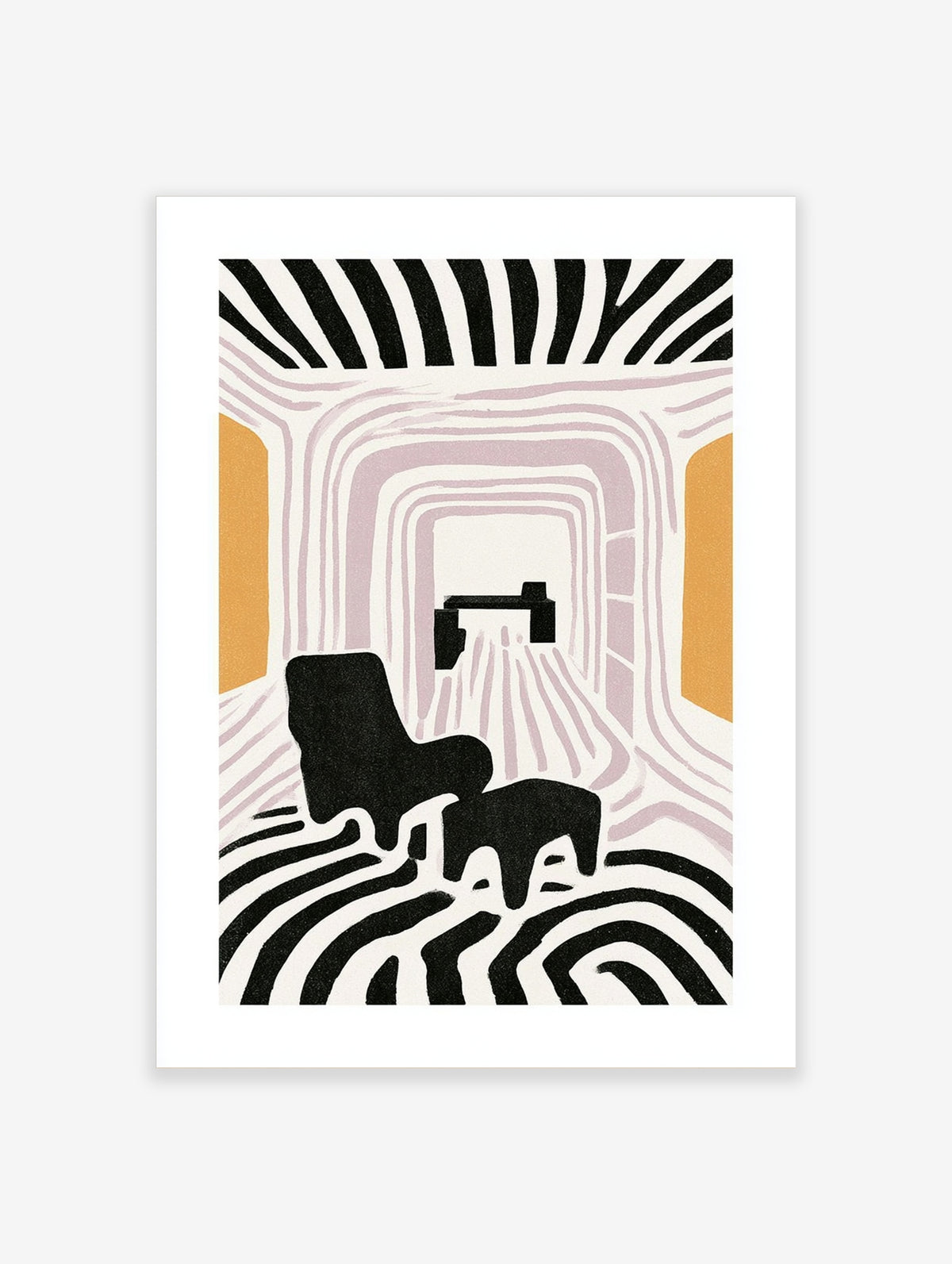 Monochrome interior poster with black armchair, footstool, striped floor and mauve archway