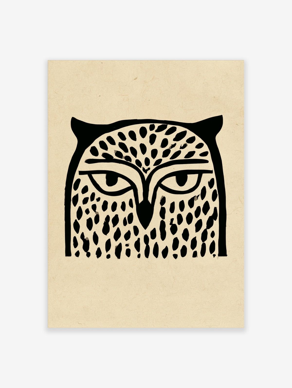 Black and cream owl face poster with bold line art, stylised eyes, and speckled feather pattern