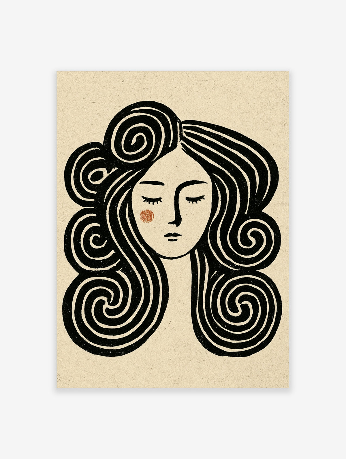 Monochrome woman portrait print with closed eyes, spiral black hair and terracotta cheek dot on beige background