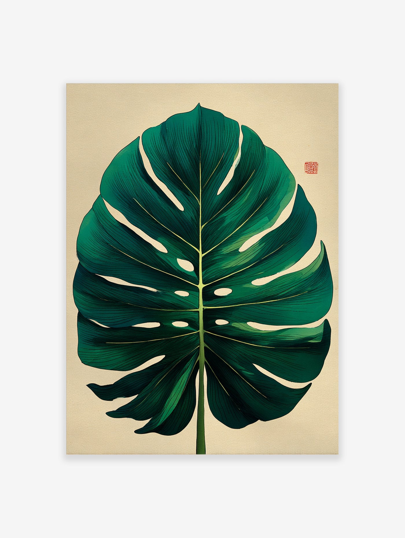 Monstera leaf botanical illustration art print with deep green veins on cream background