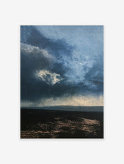 Moody, dark stormy landscape with heavy clouds and a textured horizon line in shades of blue and black