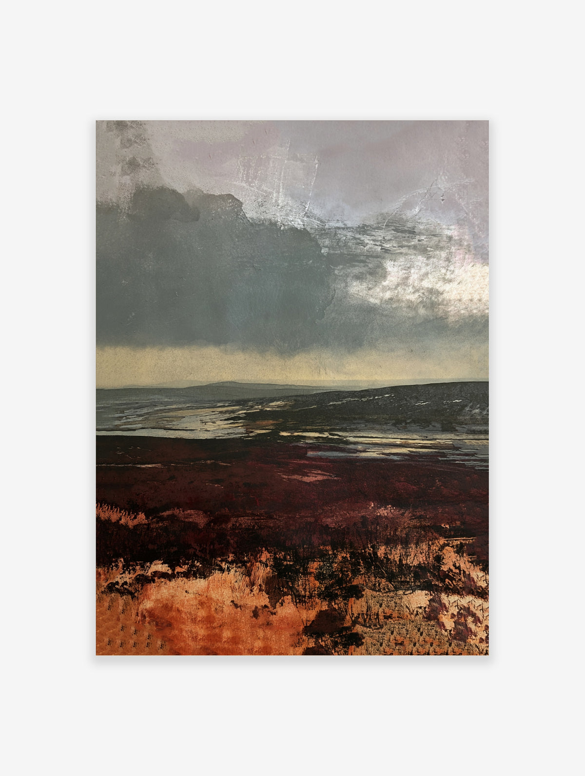 Moody moorland landscape painting with dark sky and deep red heather foreground, atmospheric nature wall art print