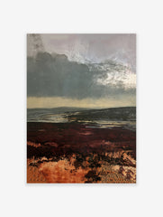 Moody moorland landscape painting with dark sky and deep red heather foreground, atmospheric nature wall art print